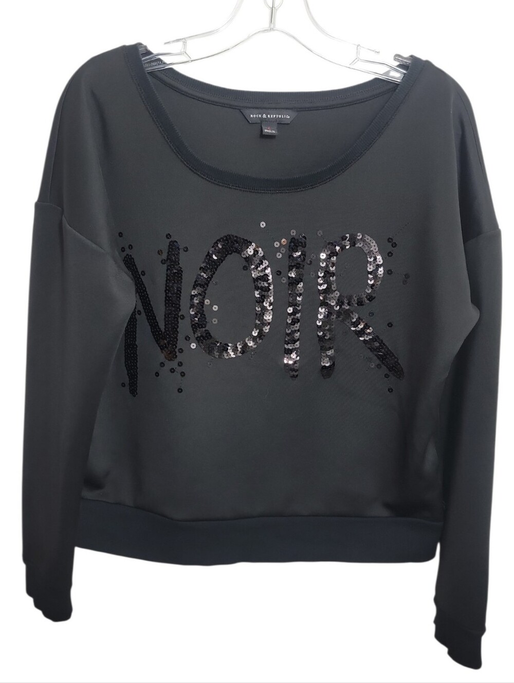 Rock & Republic black sequin 'NOIR' graphic crop sweatshirt women's size L